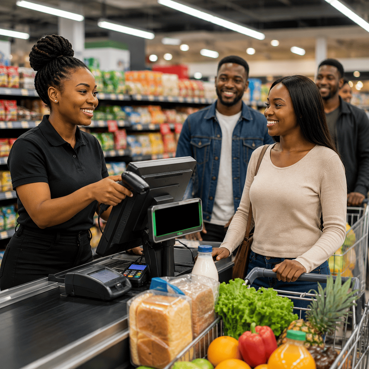 Shopkeeper serving a customer at a LEGEND POS counter